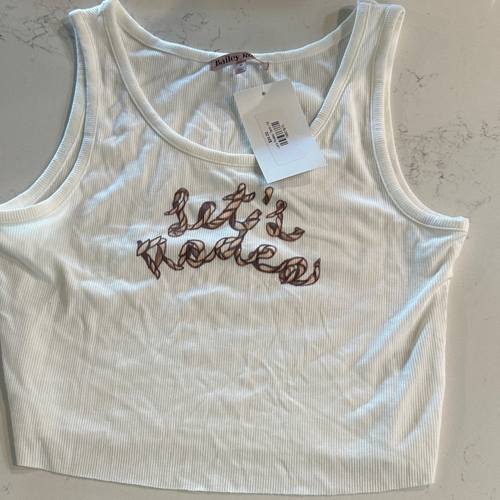 White Ribbed Tank Top with Brown Script by Bailey Rose